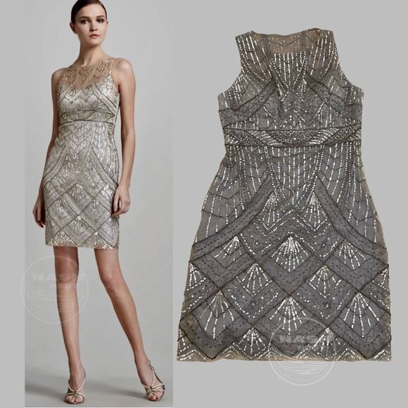 SUE WONG 12 Champagne Silver Beaded Sequin Bridal Formal Cocktail Evening Dress - Picture 2 of 16